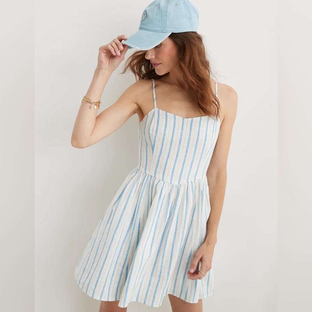 Aerie Love Of Linen Blend Mini Dress in Blue Vinyl, Size Small